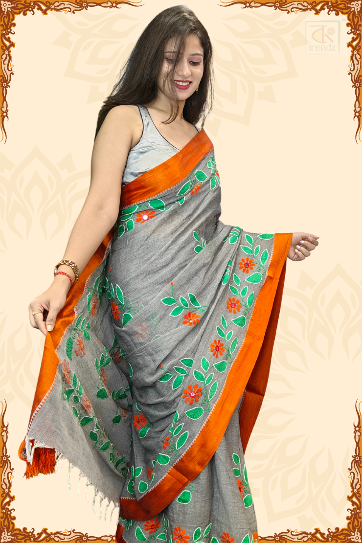 Designer Kantha Stitch Cotton Saree