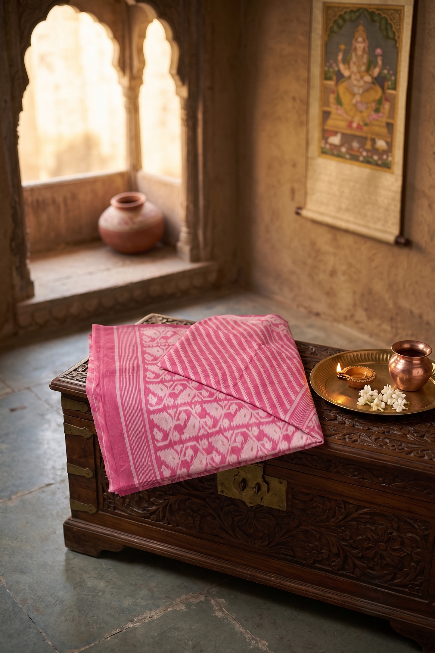 Bengal Handloom Jamdani Saree in Off-White and Pink | Bong Trendz