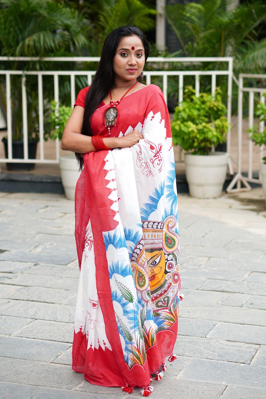 Cotton Handloom Maa Durga Digital Print Saree
