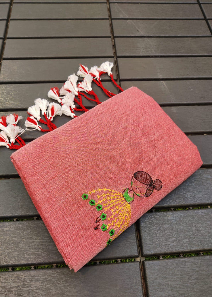Doll Motif EmbroideryCotton Handloom Saree Coral Pink