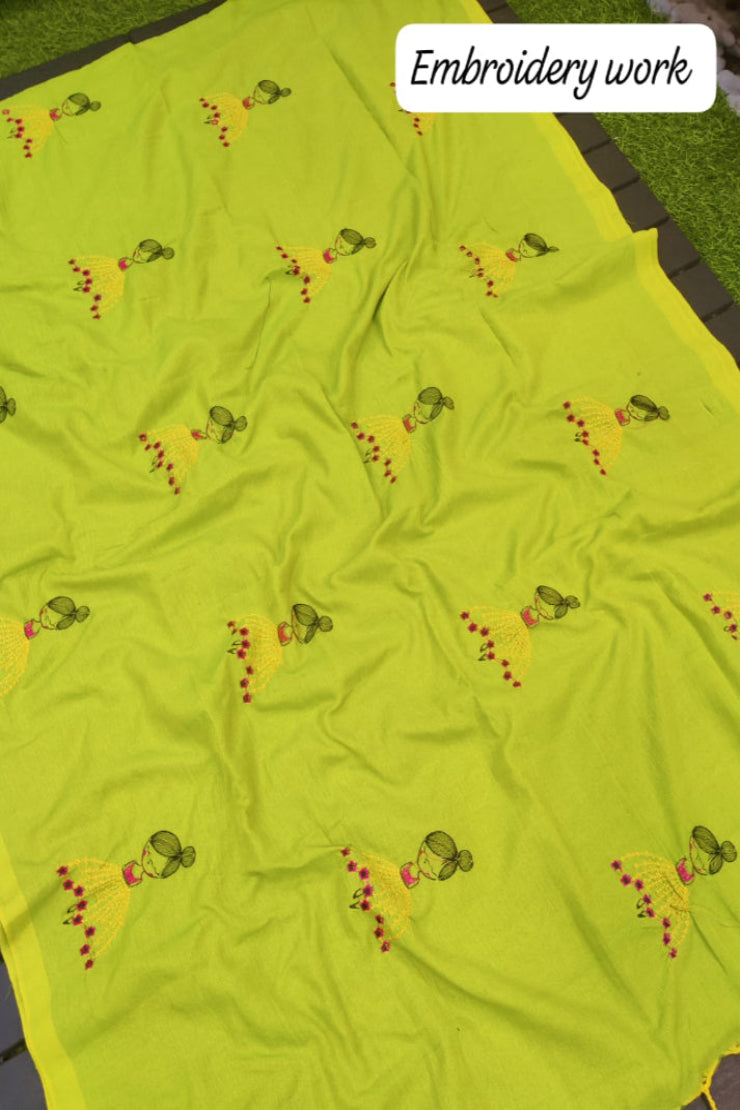 DollMotifEmbroideryCottonHandloomSareeParrotGreen2
