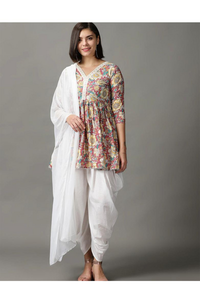Floral Printed Kurti with White Dhoti & Dupatta | Bong Trendz