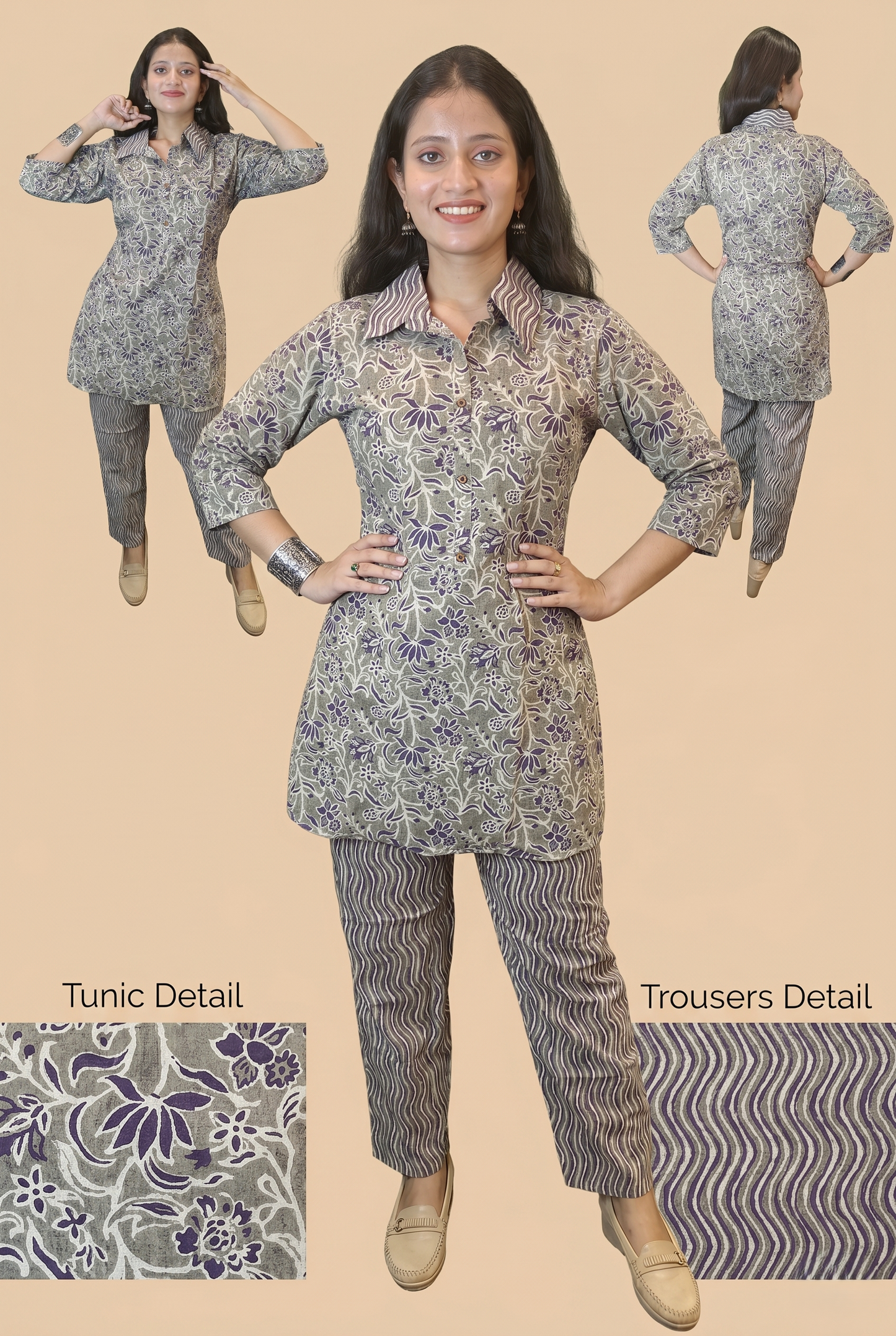Fresh Bloom CoOrd Set in grey purple with floral grey purple print, cotton tunic and pant set for women, Bong Trendz