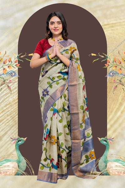 Pure Gachi Tassar Hand Paint Silk Saree | Bong Trendz