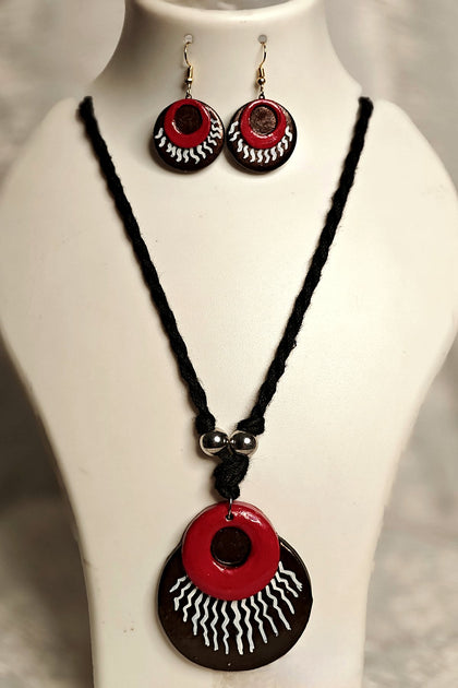 Terracotta sun disc medallion necklace and earrings set in crimson-espresso brown - handmade Bengal jewellery by Bong Trendz