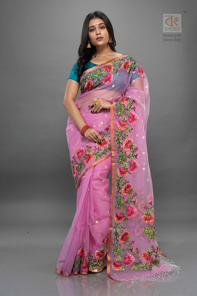 Kadambari Muslin Jamdani Rose Embroidery Saree | Bong Trendz
