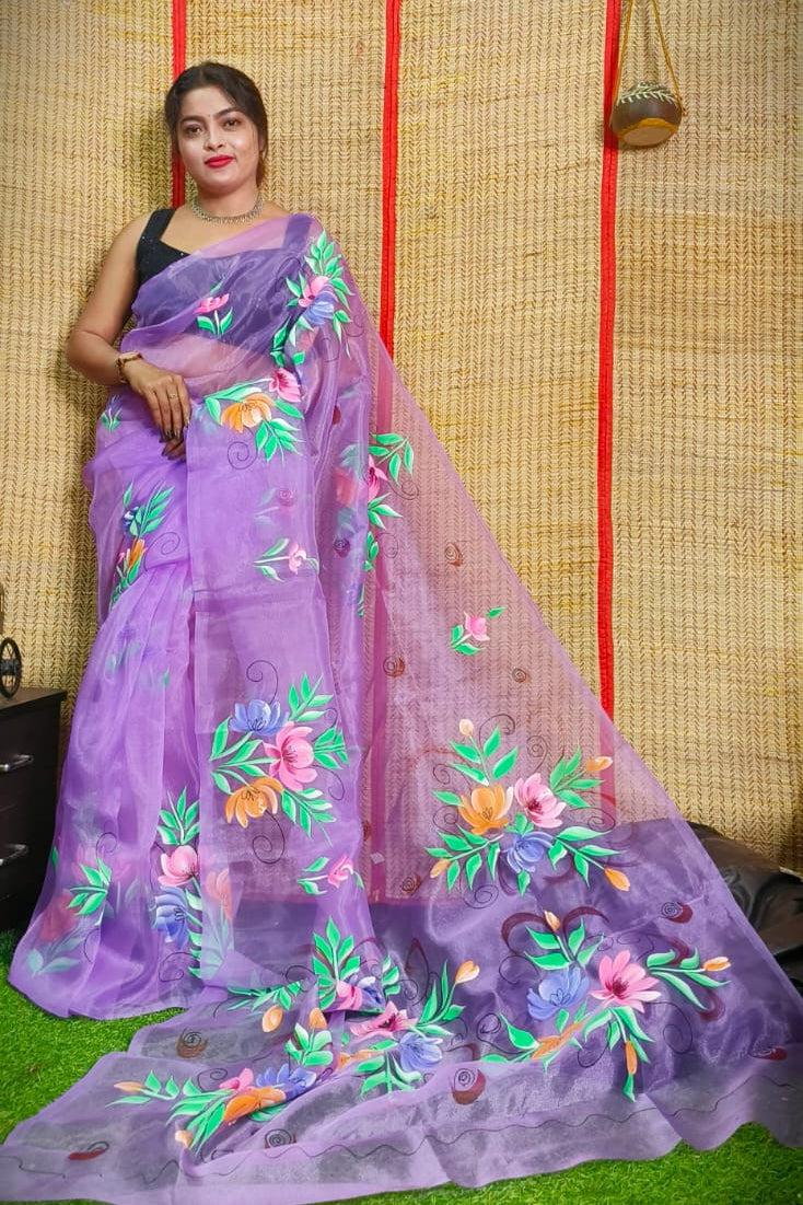 Organza Silk Hand painted saree