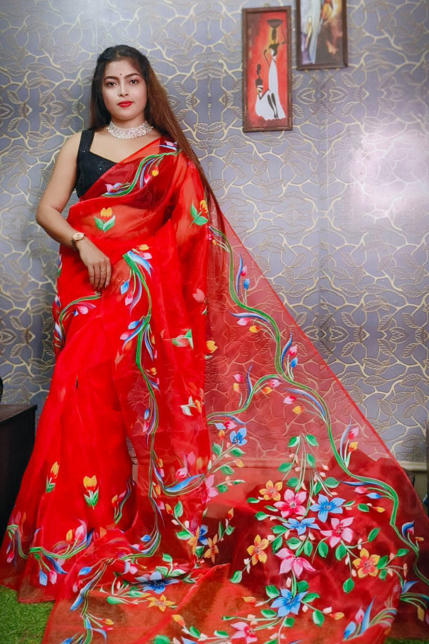 Organza Silk Hand painted saree