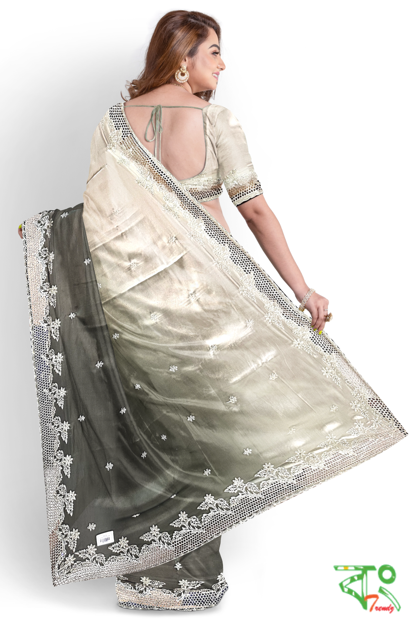 Fancy Dual Color Satin Saree - Black - satin saree | Bong Trendz