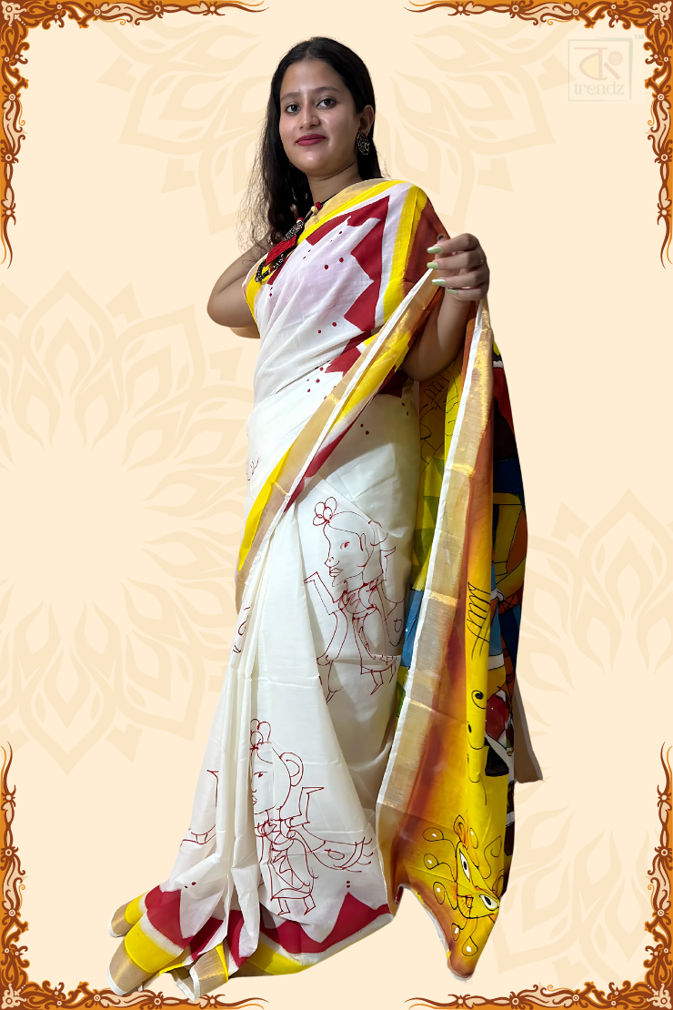 Authentic Kerala Cotton Hand Painted Saree – Kasavu Elegance
