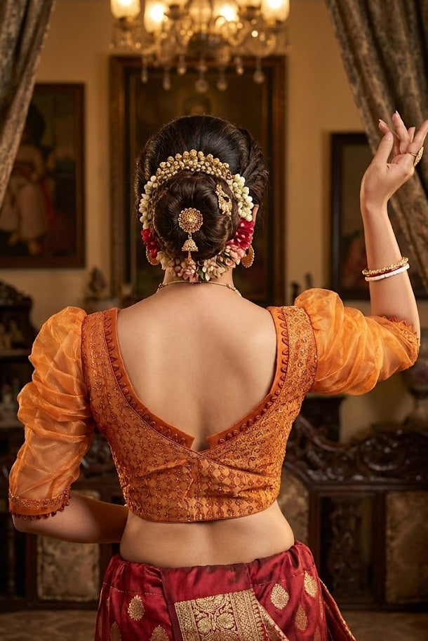 Golden Zari Puff Sleeve Silk Blouse | Sweetheart Neck - Readymade