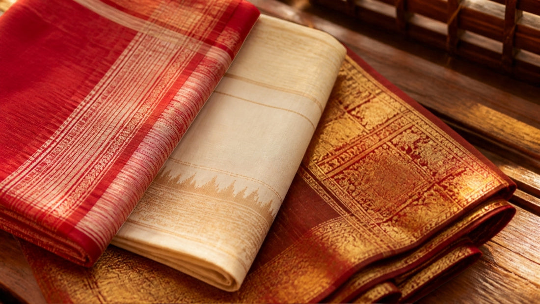 GI-tagged handloom sarees of Bengal - Baluchari, Garad and tant weave texture close-up