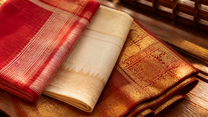 GI-tagged handloom sarees of Bengal - Baluchari, Garad and tant weave texture close-up