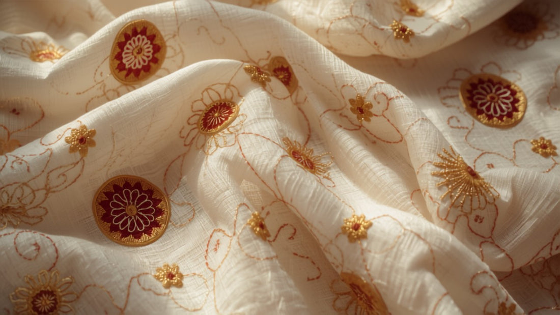 Kantha stitch saree online India - close-up of hand-embroidered Bengal Kantha work on saree fabric