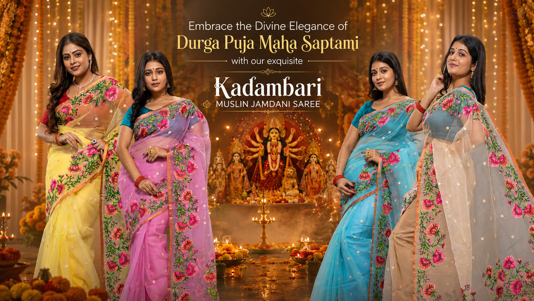 Embrace the Divine Elegance of Durga Puja Maha Saptami with Our Exquisite Kadambari Muslin Jamdani Saree