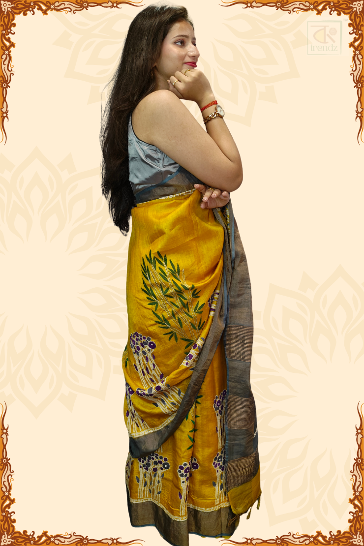 Banglar Kantha Stitch Churi Tassar Saree