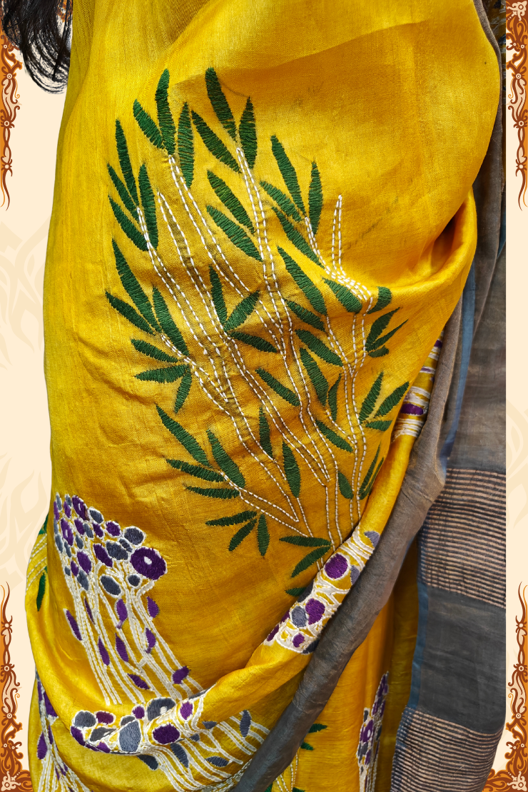 Banglar Kantha Stitch Churi Tassar Saree