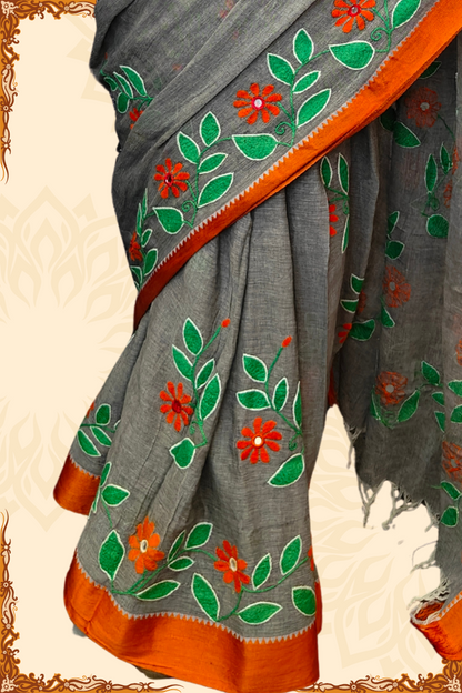 Designer Kantha Stitch Cotton Saree