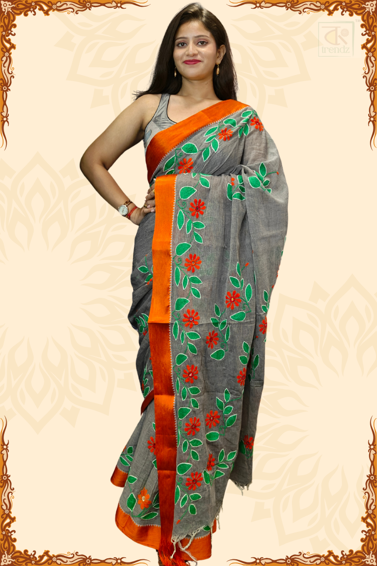Designer Kantha Stitch Cotton Saree