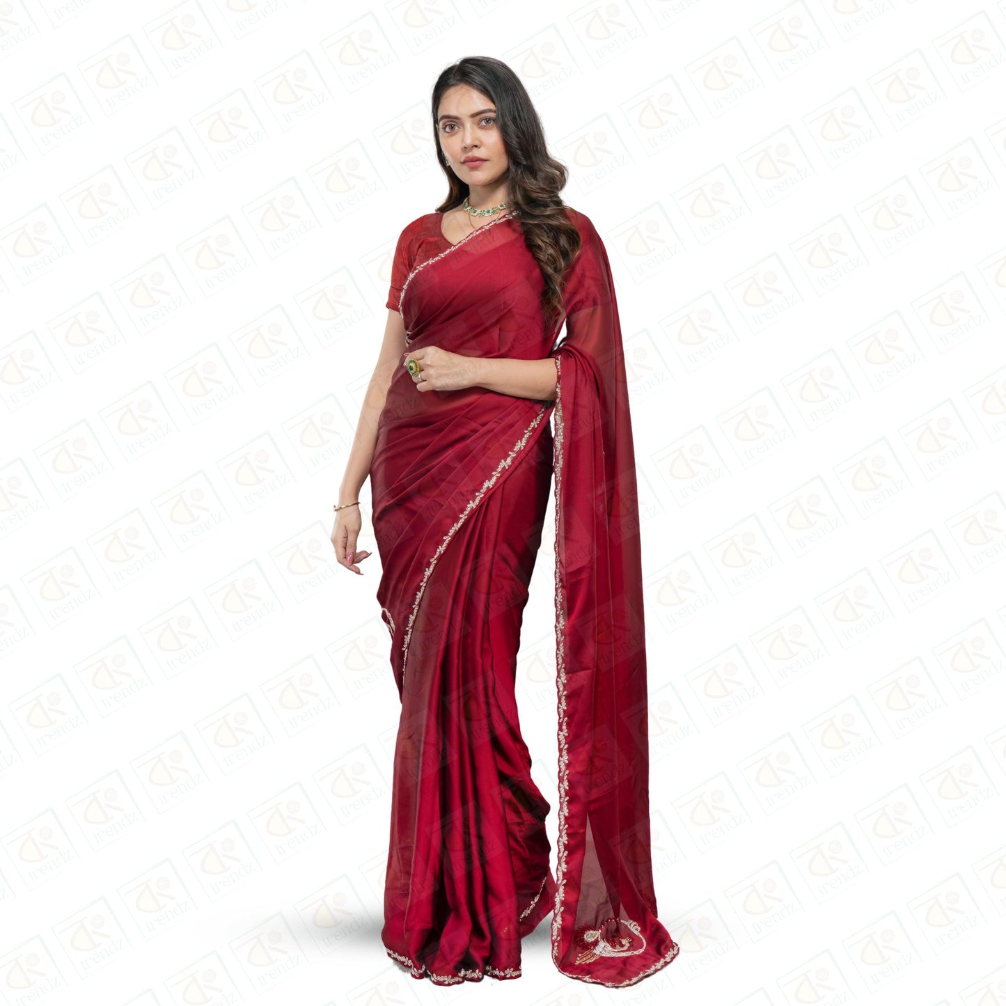 Exquisite Red Georgette Saree Peacock Emblem - Red - georgette saree | Bong Trendz