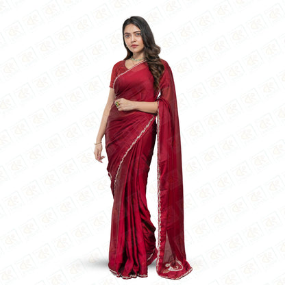 Exquisite Red Georgette Saree Peacock Emblem - Red - georgette saree | Bong Trendz