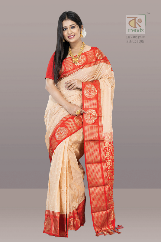 Off White  Kanjivaram with Red base and Golden Zari weaving Pallu