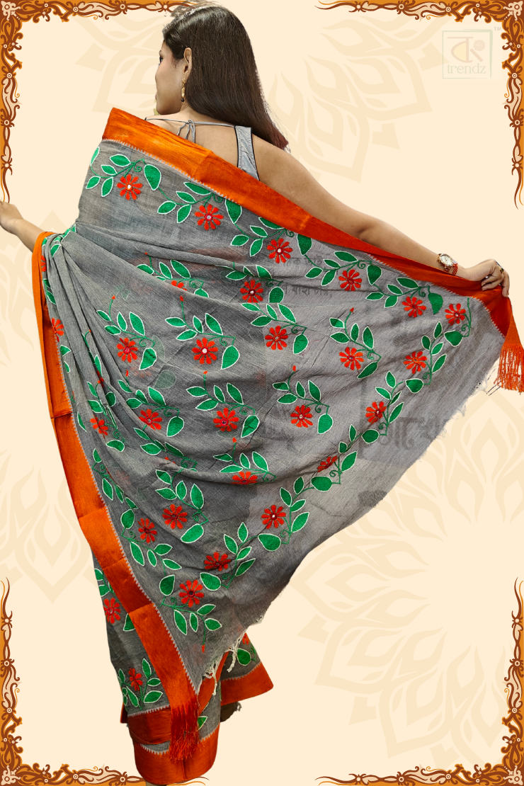Designer Kantha Stitch Cotton Saree