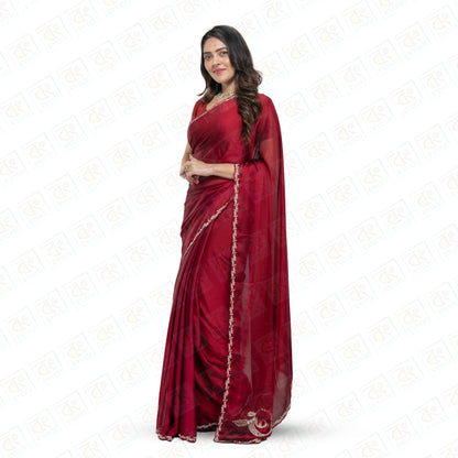 Exquisite Red Georgette Saree Peacock Emblem - Red - georgette saree | Bong Trendz