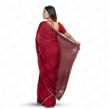 Exquisite Red Georgette Saree Peacock Emblem - Red - georgette saree | Bong Trendz