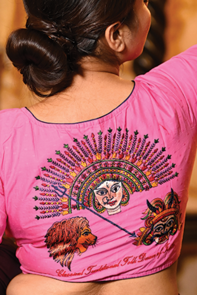 Mahisasur Mordini Cotton Embroidered Blouse – Embroidery Detail | Durga Puja Blouse | Bong Trendz