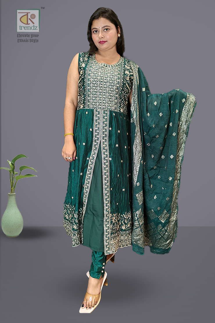 Jacket Designer Gown Set with Dupatta – Deep Green | Bong Trendz
