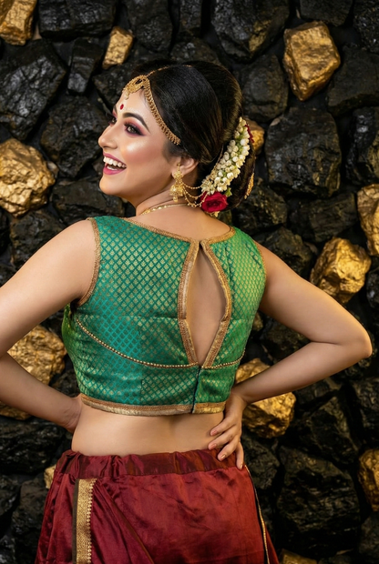 Designer Back Neck Cut for Silk Saree Green Blouse - Fully Stitched