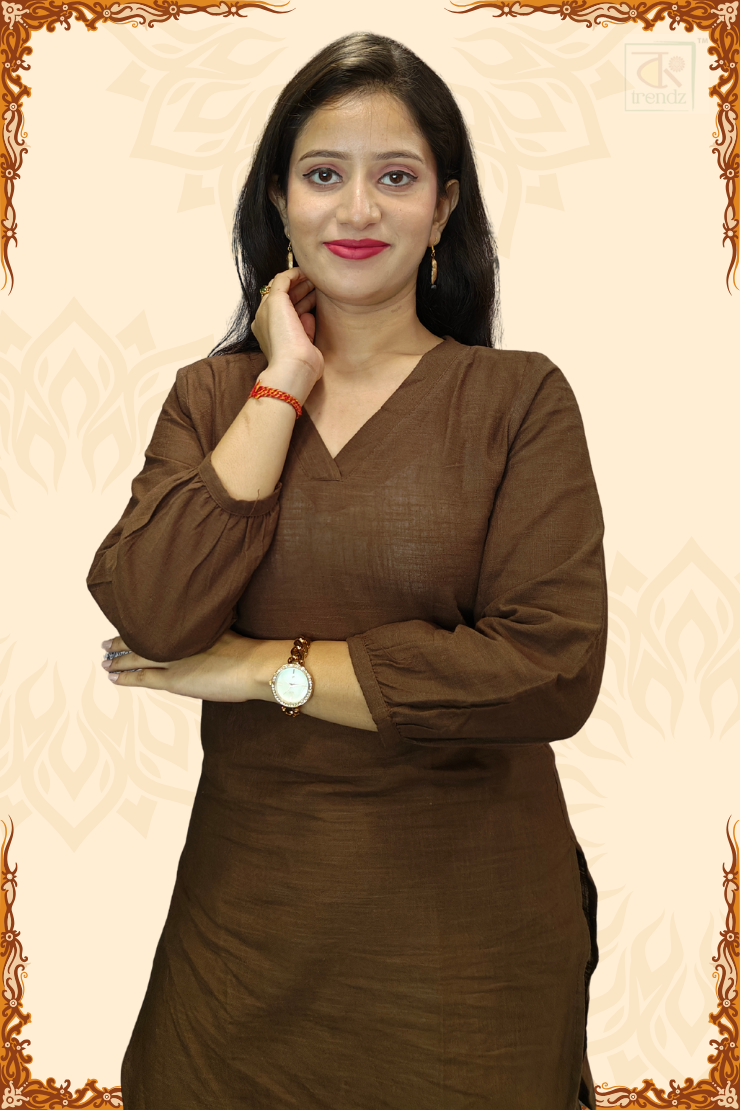 Coffee Brown Cotton Kurti Pant Set for Office Wear - Modest Indian Work Clothes USA.