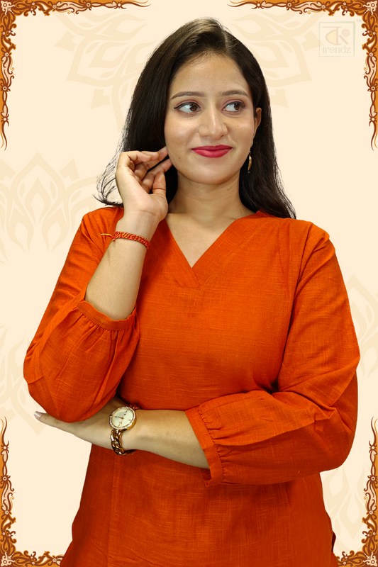 Orange Cotton Kurti Pant Set for Office Wear - Modest Indian Work Clothes USA.