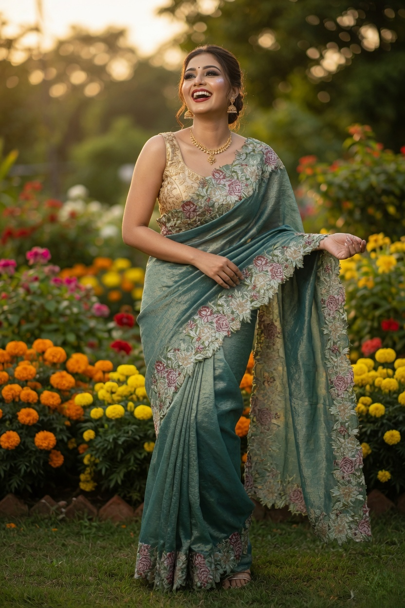 Crape Tissue Silk with Floral Border Saree Denim Blue - Party Wear