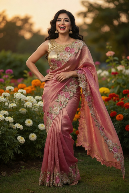 Crape Tissue Silk with Floral Border Saree Pink