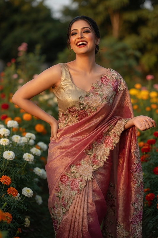 Crape Tissue Silk with Floral Border Saree Pink