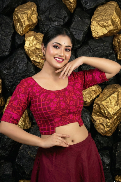 Baishakhi Red and Maroon Cotton Blouse Front Neck Design with Alpana/Folk Print