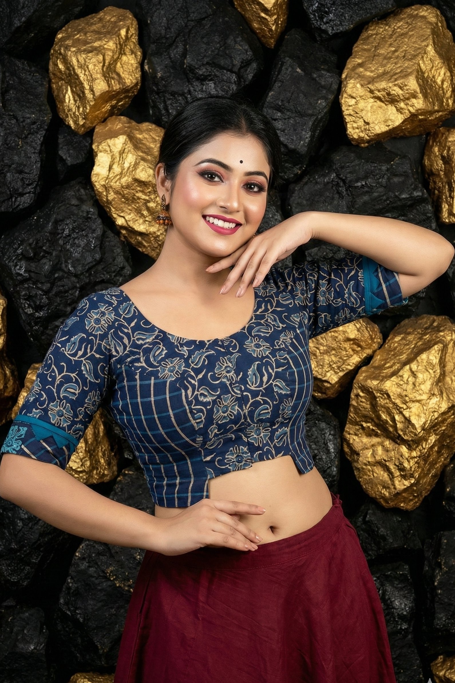 Baishakhi Denim blue  Cotton Blouse Front Neck Design with Alpana/Folk Print