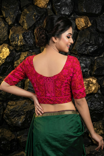 Designer Deep Back Neck Cotton Blouse for Saree - Readymade