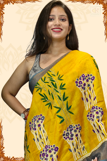 Handcrafted Banglar Churi Tassar Silk Kantha Saree - Luxury Indian Wear for NRI Women.