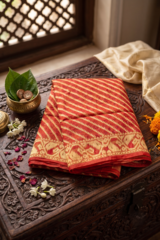 Bengal Handloom Karat Jamdani Saree – Cream and Red | Authentic Bengali Weave | Bong Trendz