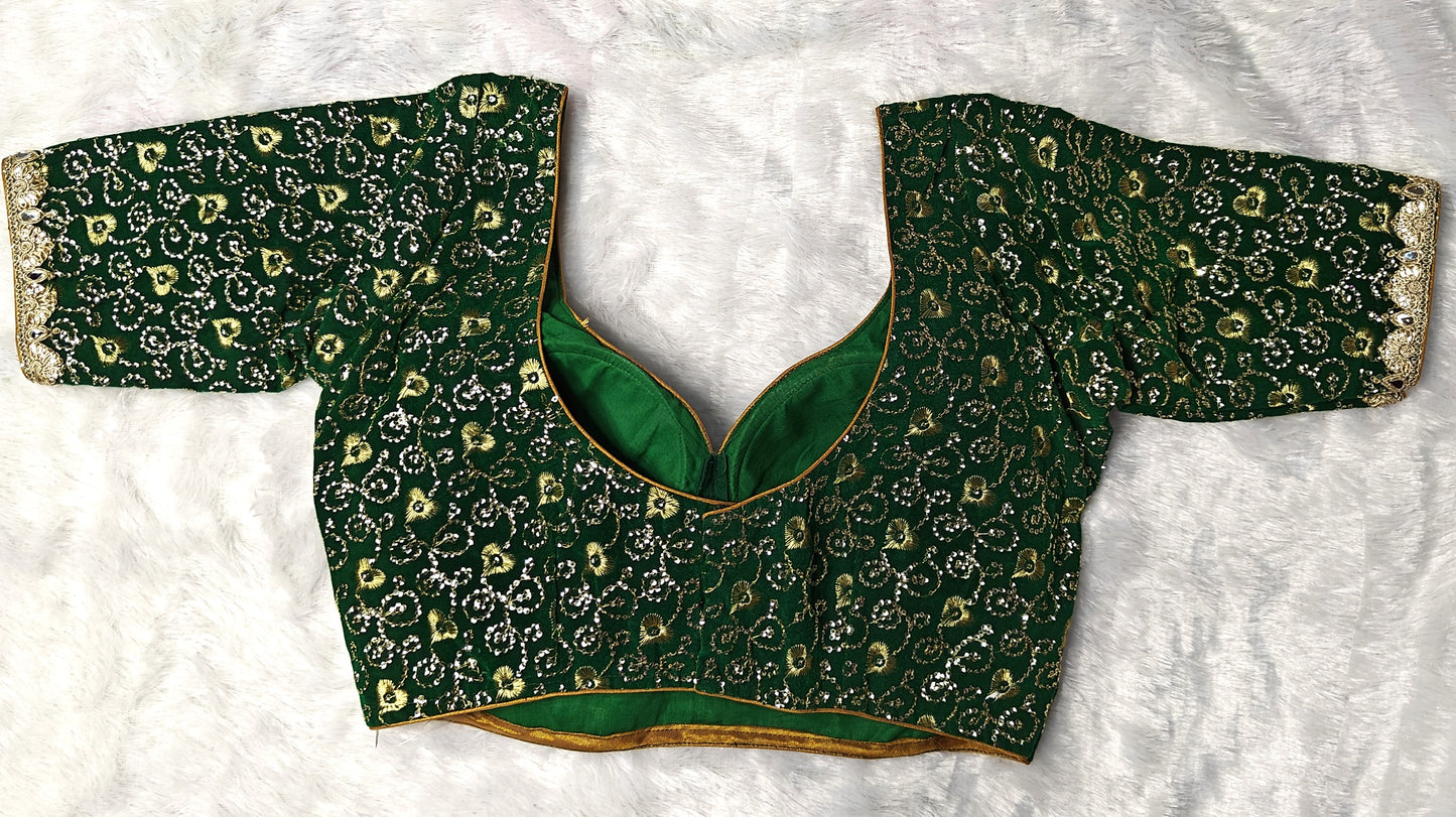 Bridal Sabyasachi Style Green Silk Blouse with Golden Zari Work – Padded