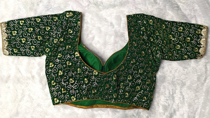 Bridal Sabyasachi Style Green Silk Blouse with Golden Zari Work – Padded