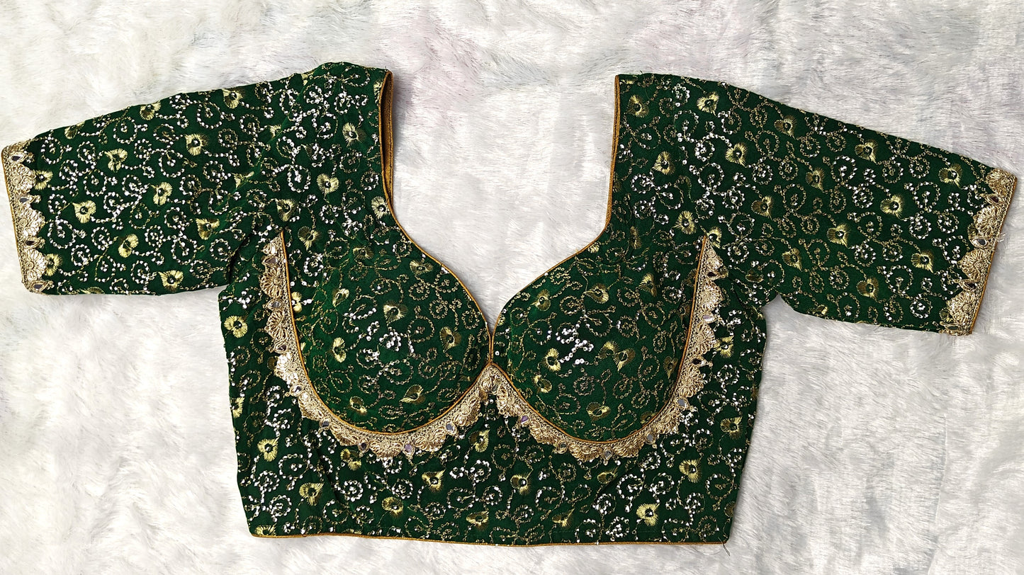Bridal Sabyasachi Style Green Silk Blouse with Golden Zari Work – Padded