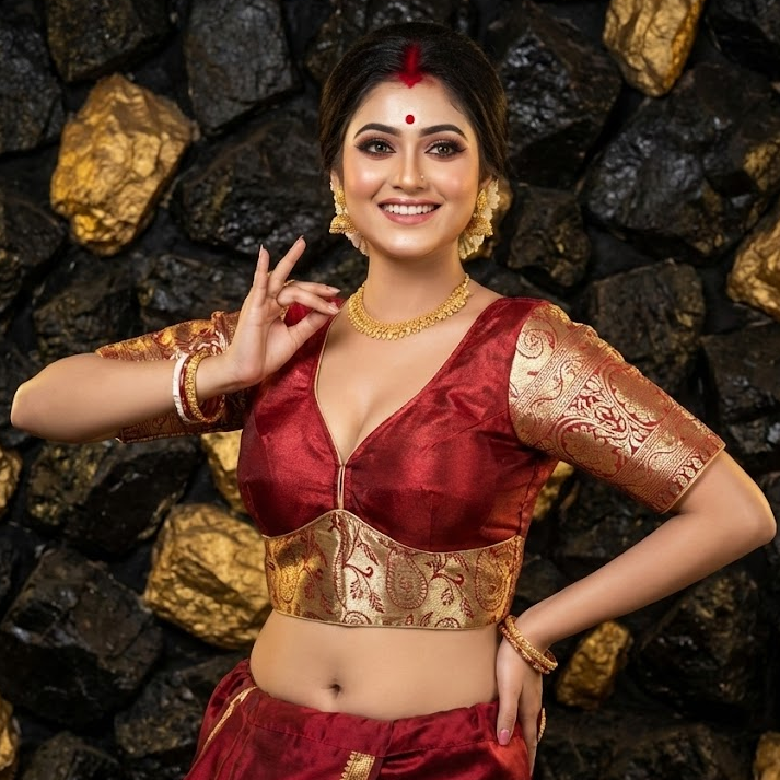 Front view of plain red Kathan silk blouse with deep sweetheart neckline and padded bust.