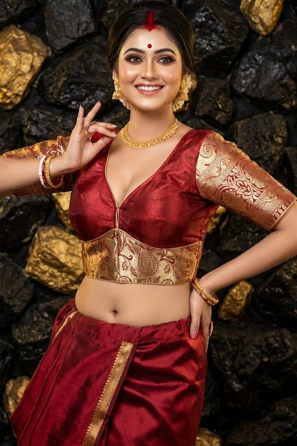 Front view of plain red Kathan silk blouse with deep sweetheart neckline and padded bust.