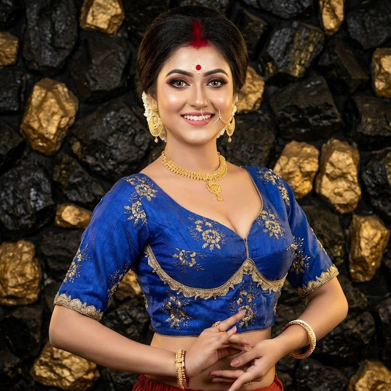 Front view of royal blue Sabyasachi style silk blouse with intricate golden zari embroidery and sweetheart neckline.