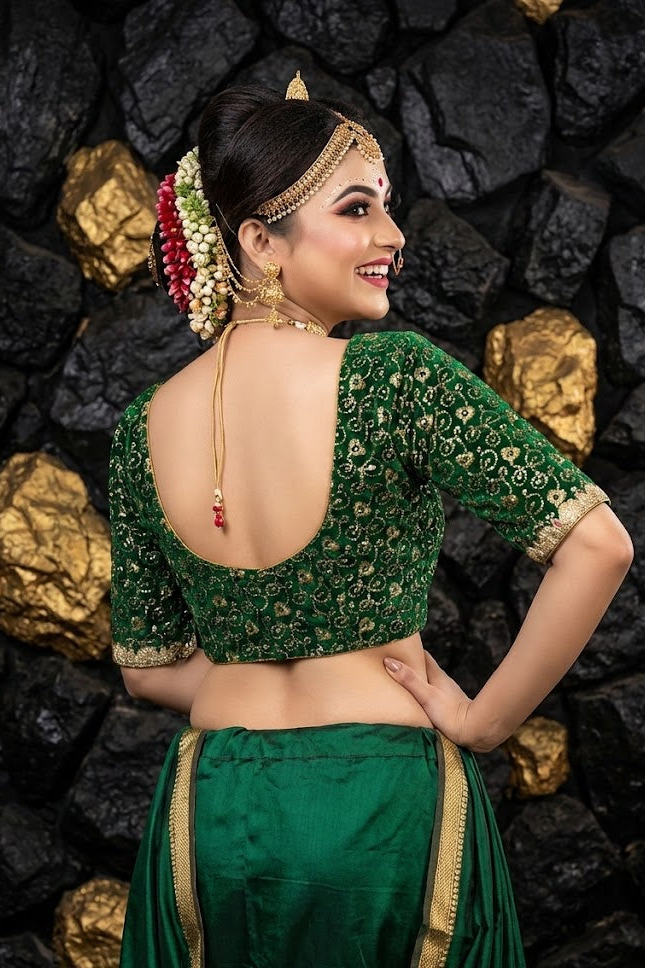 Deep scoop back design of green bridal blouse with hook closure.