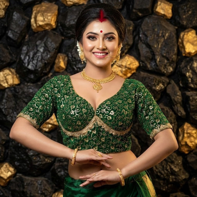 Front view of green Sabyasachi style silk blouse with heavy golden zari embroidery and sweetheart neckline.